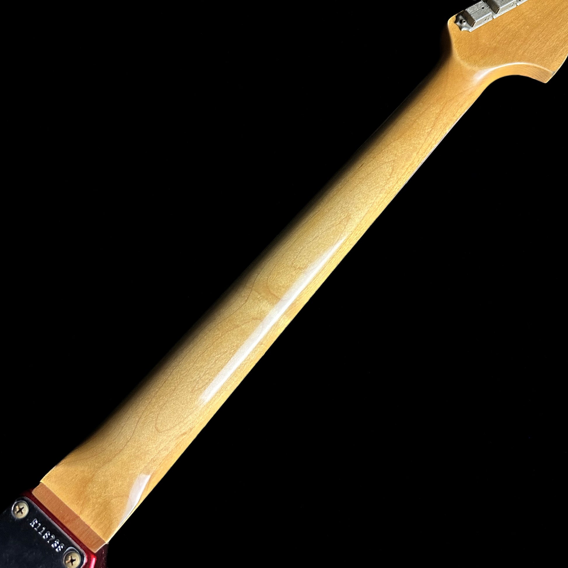Back of Fender Custom Shop 1962 Jazzmaster Journeyman Relic Aged Candy Apple Red Reverse Headstock neck.
