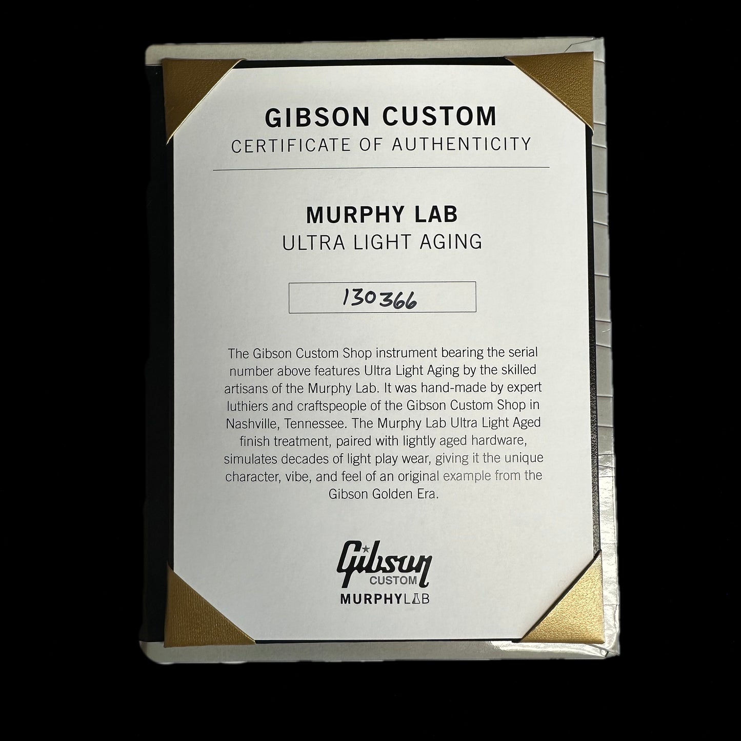 Certificate of authenticity of Gibson Custom Shop M2M 1964 Trini Lopez Standard Reissue Pelham Blue Stop Bar Murphy Lab Ultra Light Aged.