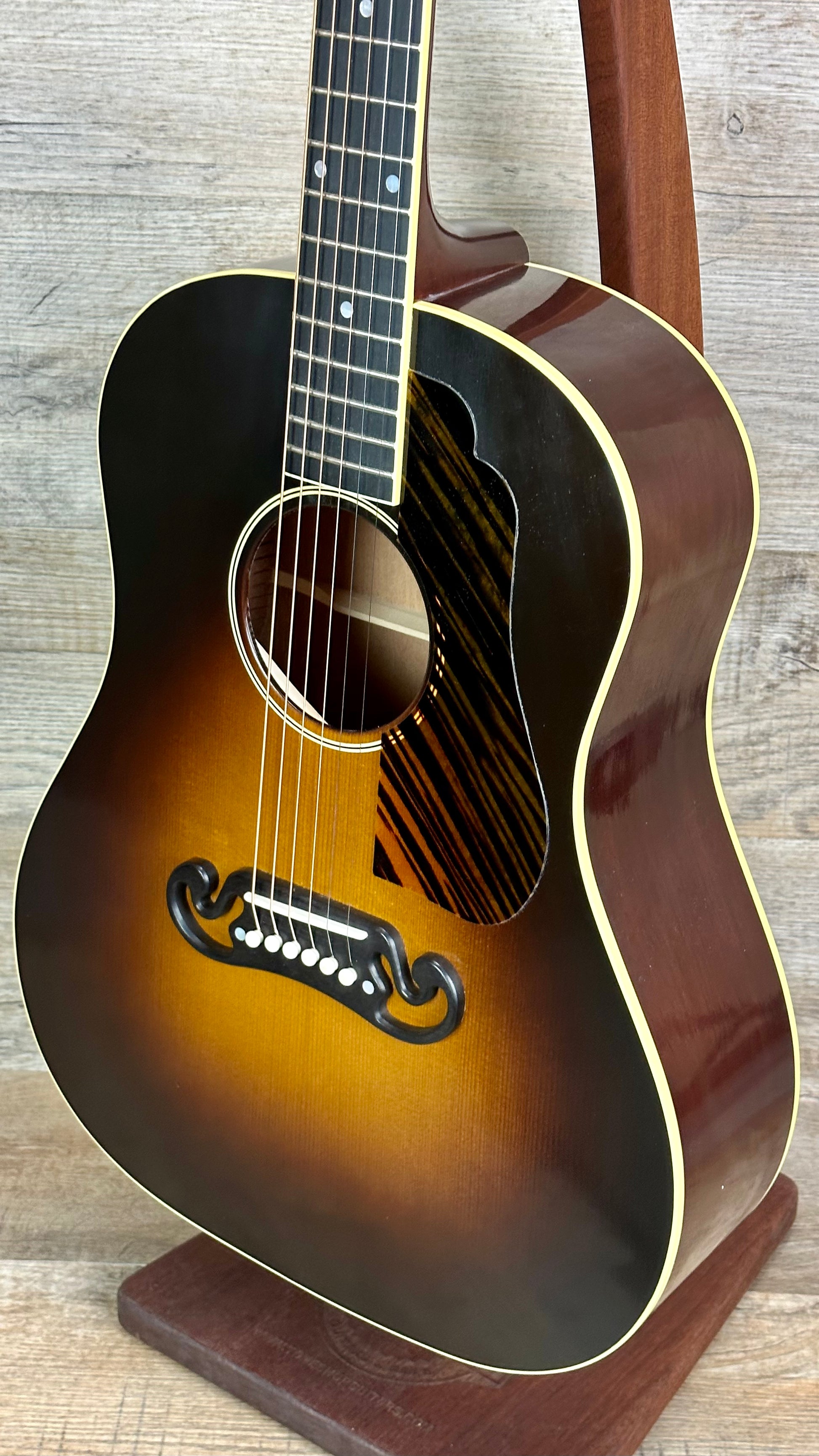 Front right angle of Gibson 1939 J-55 Faded Vintage Sunburst.