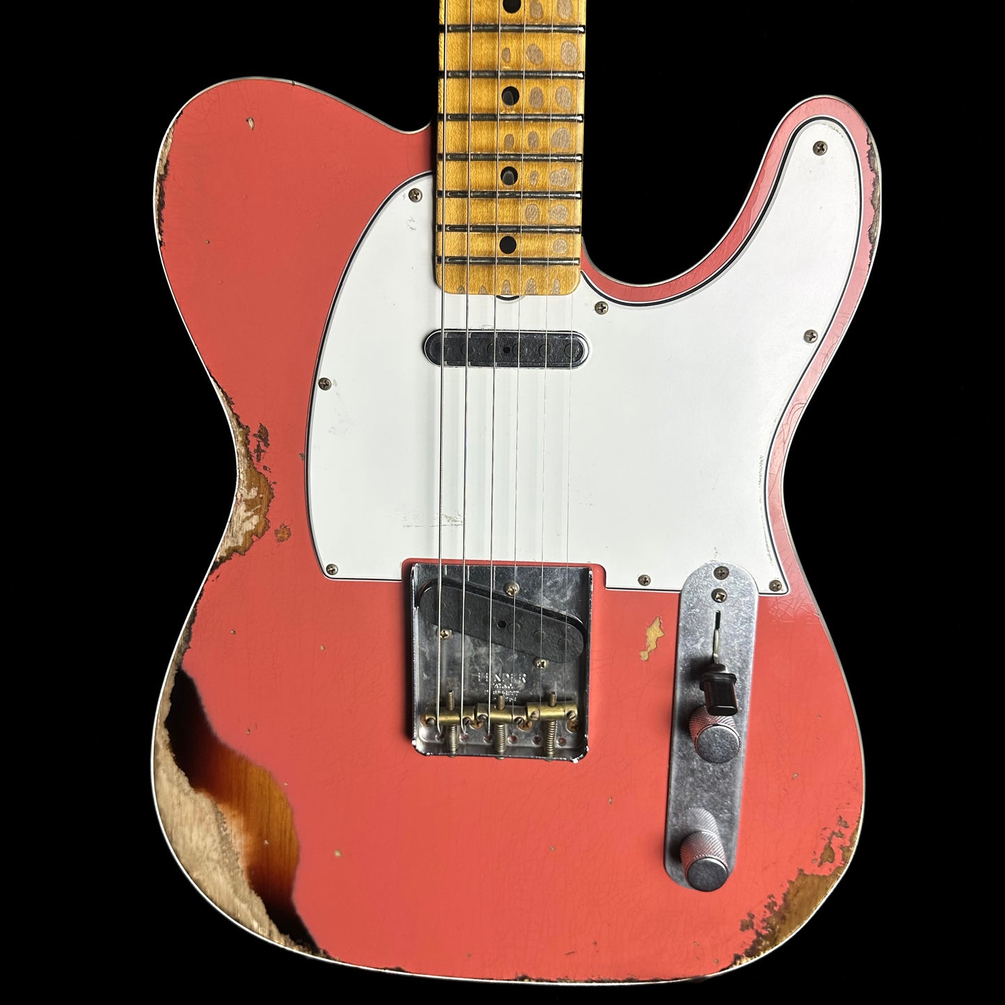Front of Fender Custom Shop Limited 65 Telecaster Custom Heavy Relic MP Aged Tahitian Coral/3TSB.