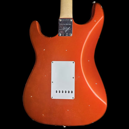 Back of Fender Custom Shop Limited Edition '69 Strat Journeyman Relic Aged Candy Tangerine.