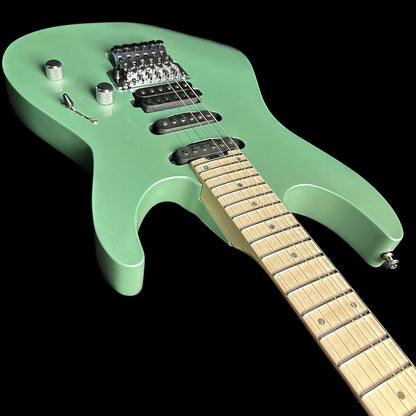 Upside down front angle of ESP USA M-III Floyd Rose Oasis Green.