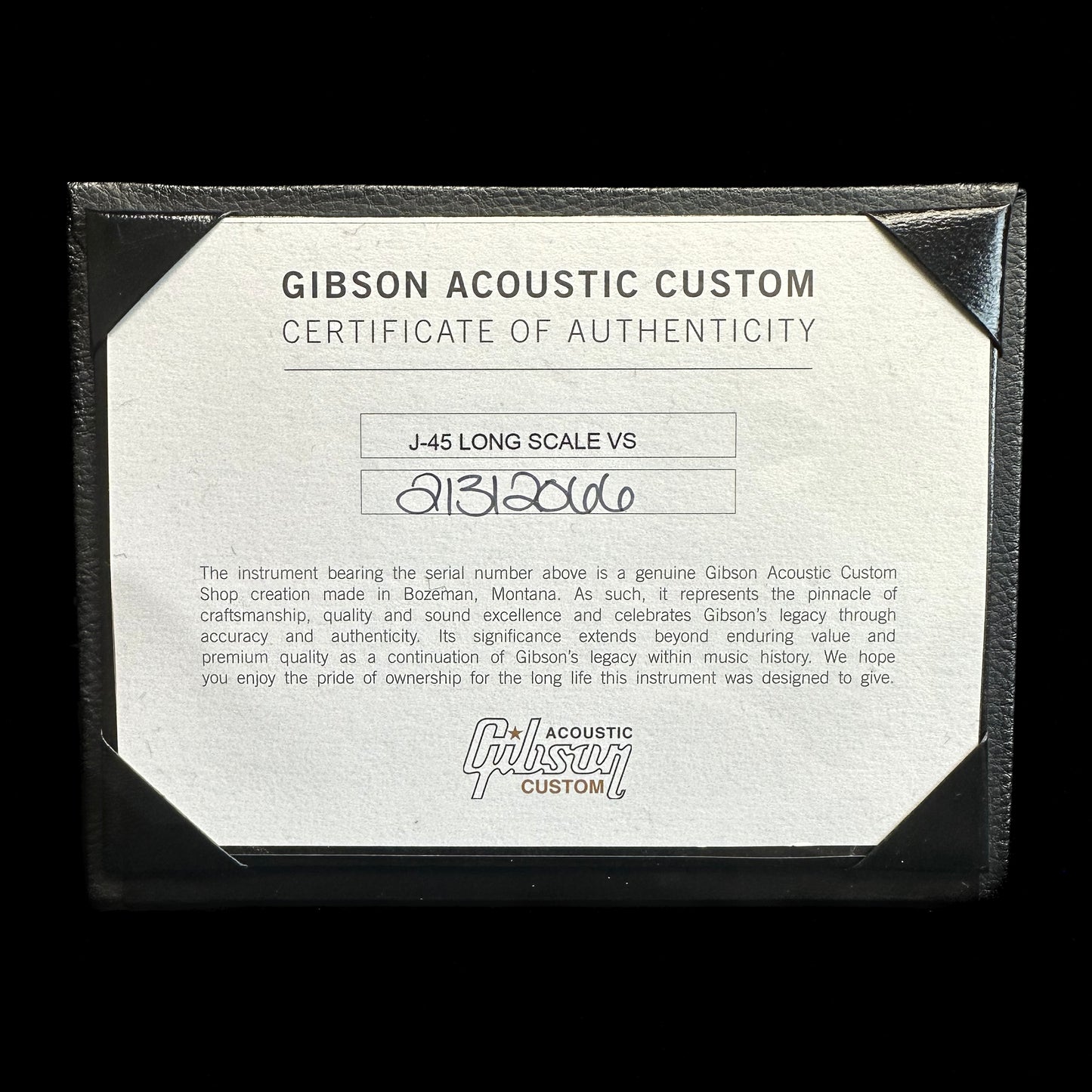 Certificate of authenticity for Gibson Custom Shop M2M J-45 Long Scale Vintage Sunburst.