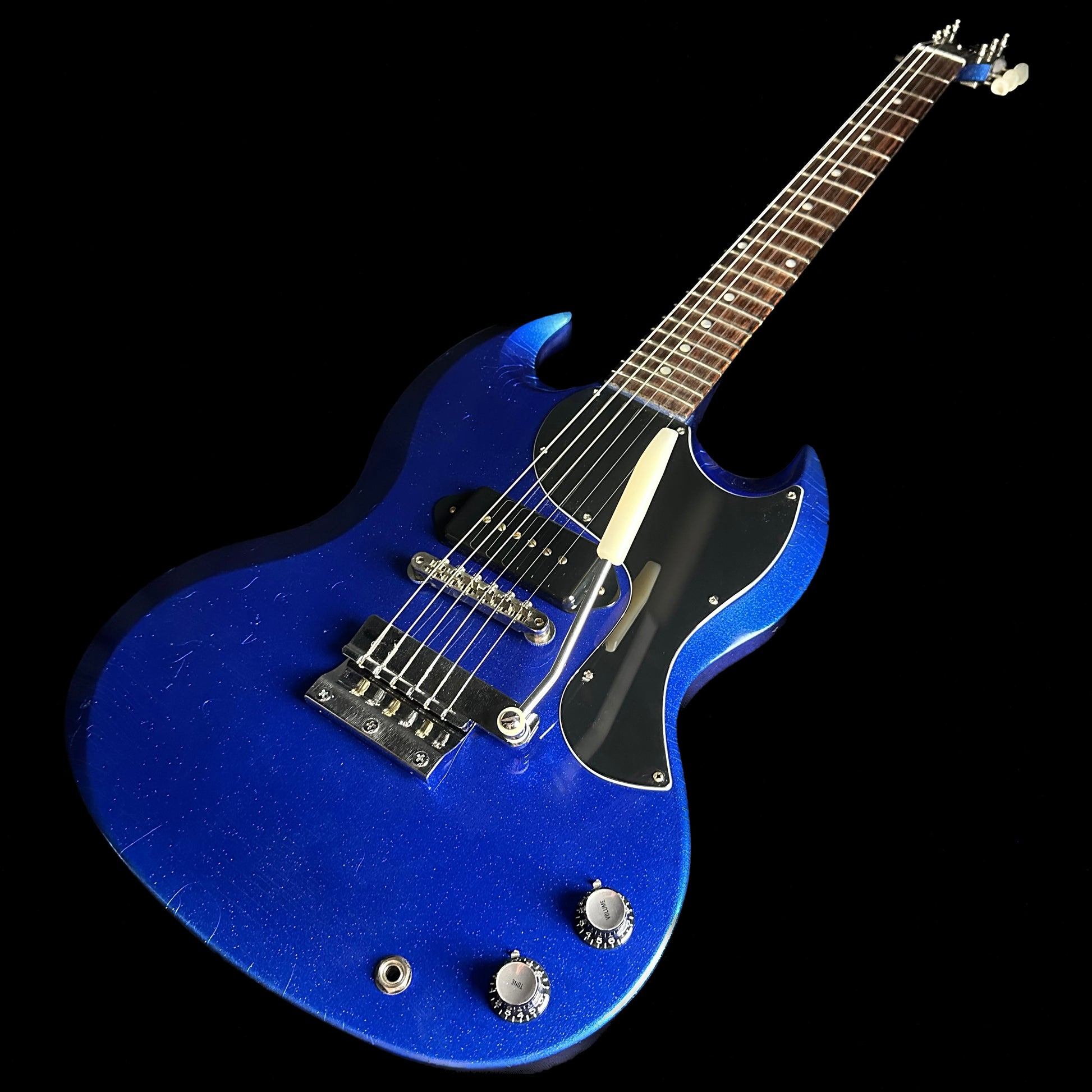 Front angle of Gibson Custom Shop M2M 63 SG Junior Blue Sparkle w/Stinger Short Maestro Murphy Lab Ultra Light Aged.