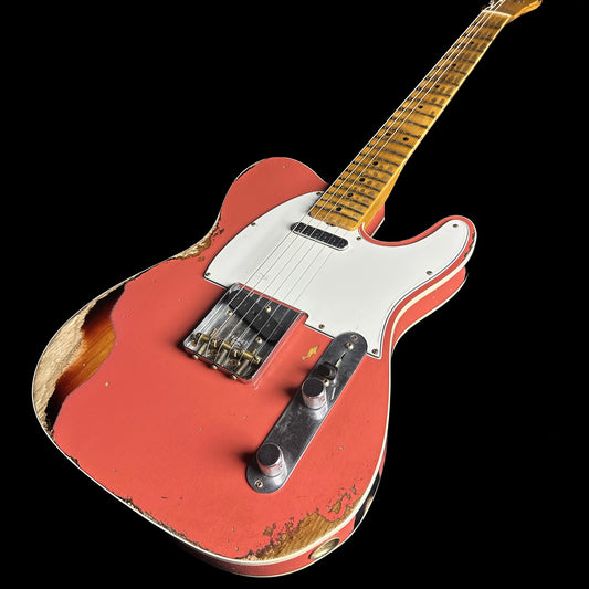 Front angle of Fender Custom Shop Limited 65 Telecaster Custom Heavy Relic MP Aged Tahitian Coral/3TSB.