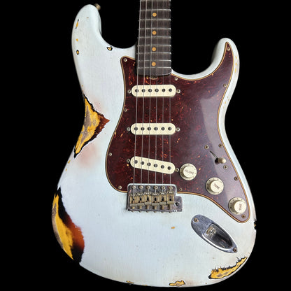 Front of Fender Custom Shop Limited 61 Strat Heavy Relic Faded Aged Sonic Blue/3-Tone Sunburst.