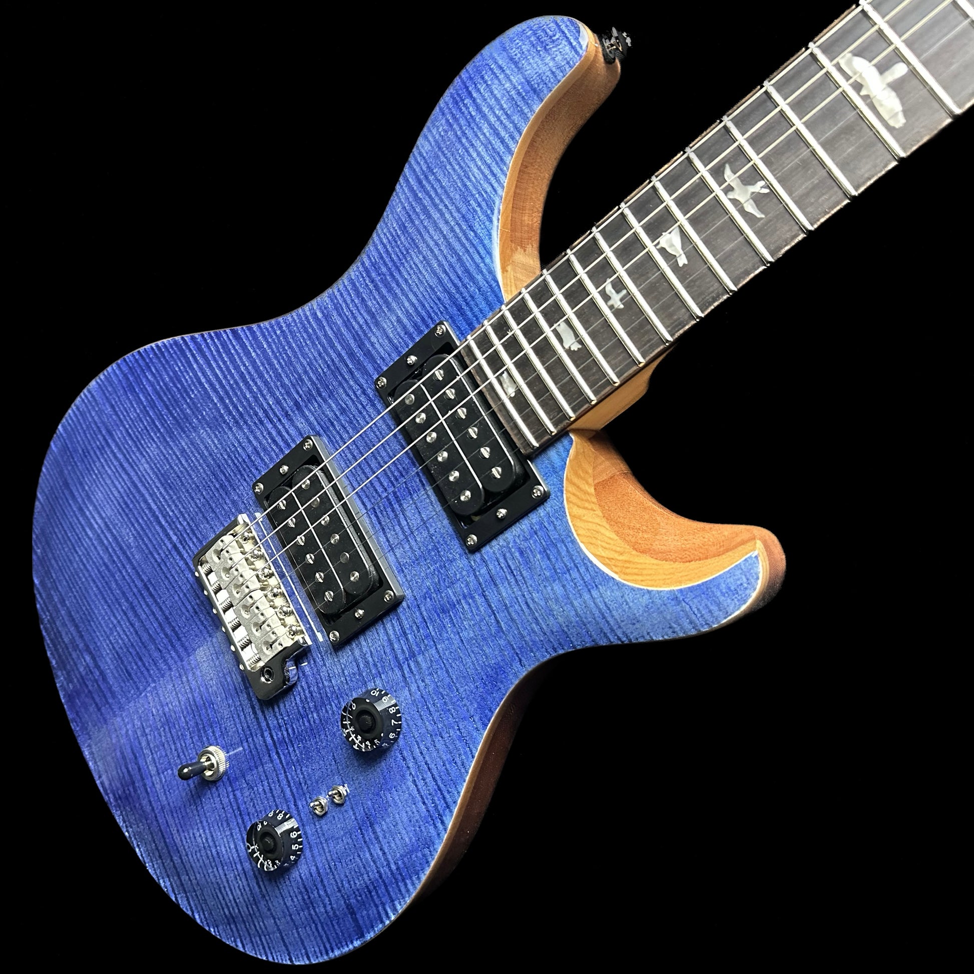 Top down angle of PRS Paul Reed Smith SE Custom 24-08 Faded Blue.