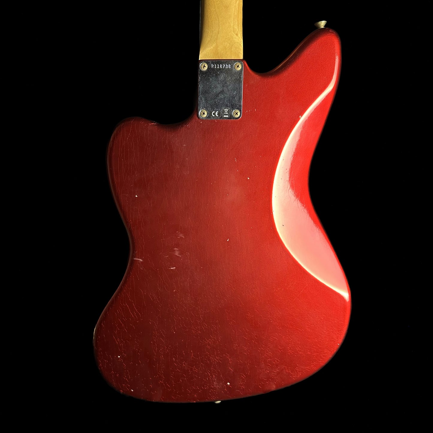 Back of Fender Custom Shop 1962 Jazzmaster Journeyman Relic Aged Candy Apple Red Reverse Headstock.