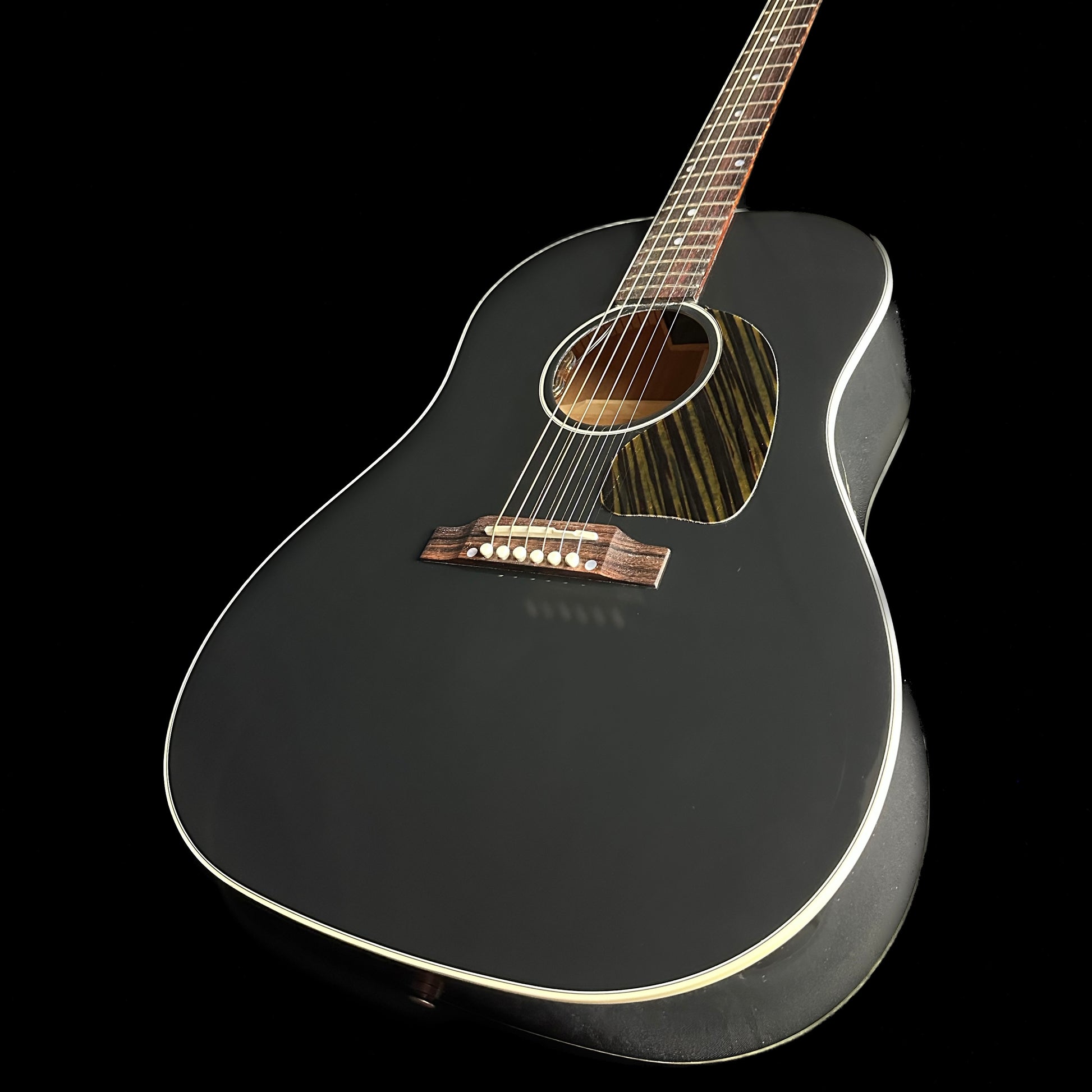 Front right angle of Gibson Custom Shop M2M J-45 Long Scale Ebony.