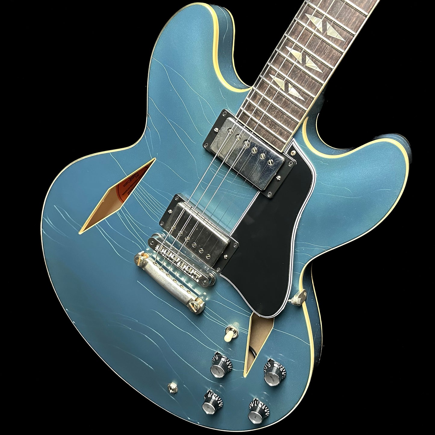 Top down of Gibson Custom Shop M2M 1964 Trini Lopez Standard Reissue Pelham Blue Stop Bar Murphy Lab Ultra Light Aged.