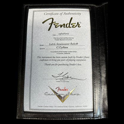 Certificate of authenticity for Fender Custom Shop Limited 61 Strat Heavy Relic Faded Aged Sonic Blue/3-Tone Sunburst.