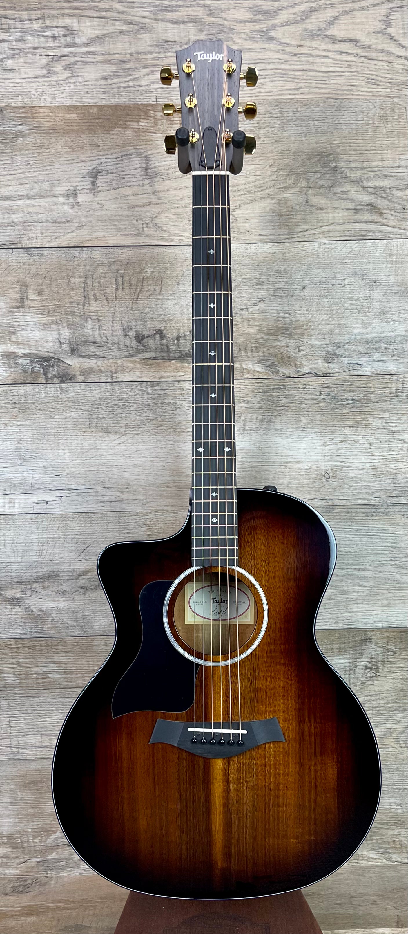 Full frontal of Taylor 224ce-K DLX Shaded Edgeburst Left Hand.