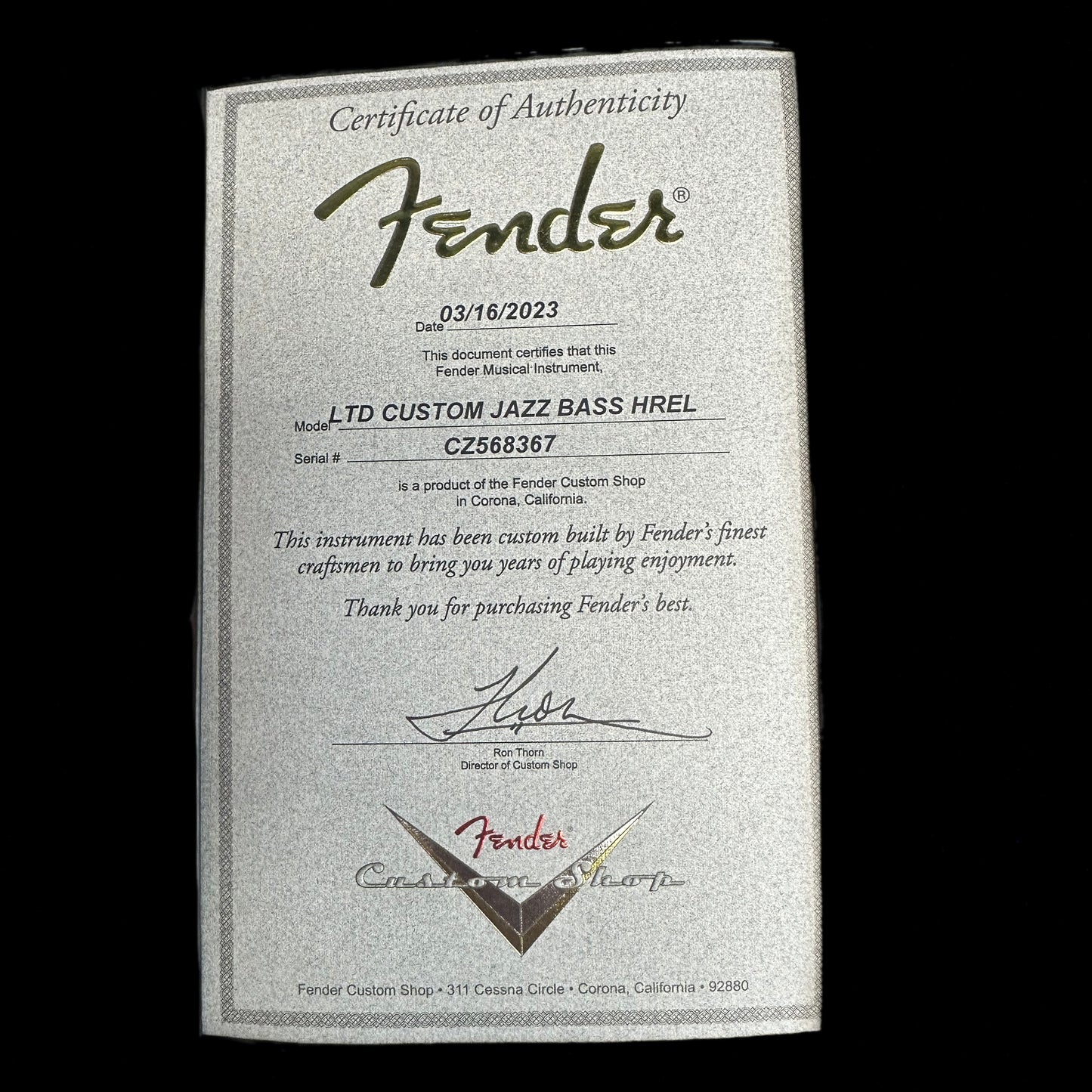 Fender Custom Shop Limited Edition Custom Jazz Bass Heavy Relic Aged Black Certificate of Authenticity.