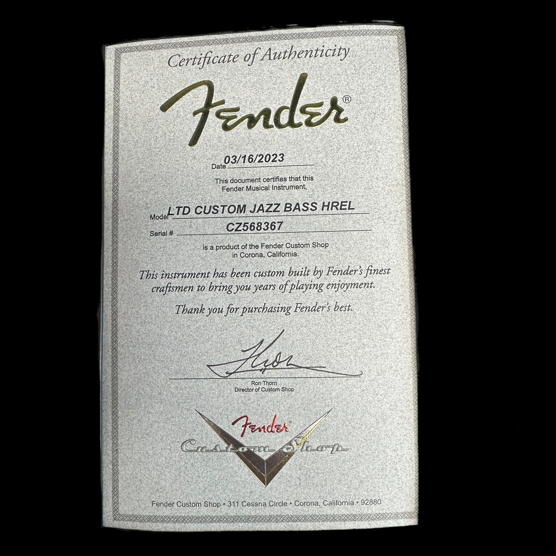 Fender Custom Shop Limited Edition Custom Jazz Bass Heavy Relic Aged Black Certificate of Authenticity.