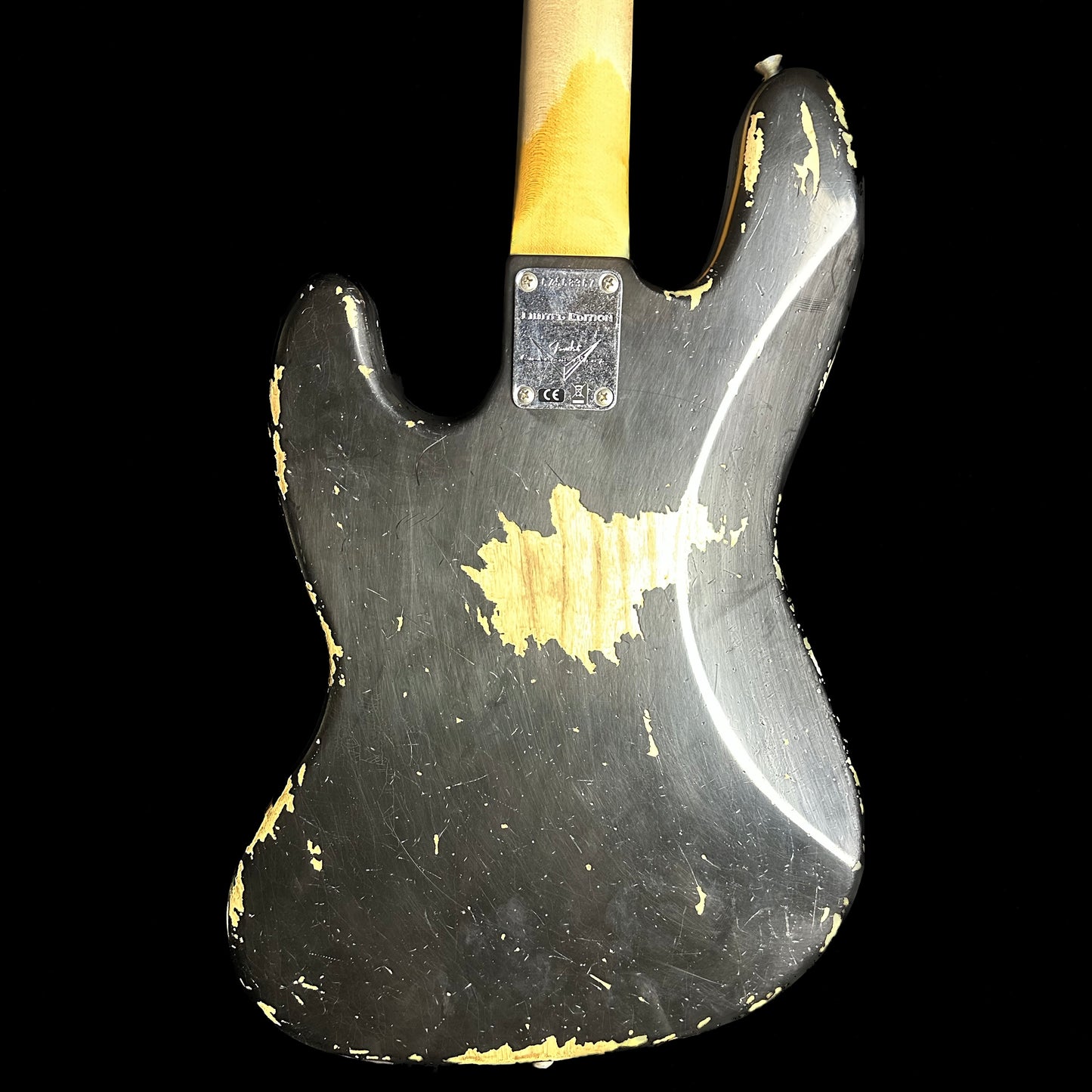 Back of Fender Custom Shop Limited Edition Custom Jazz Bass Heavy Relic Aged Black.