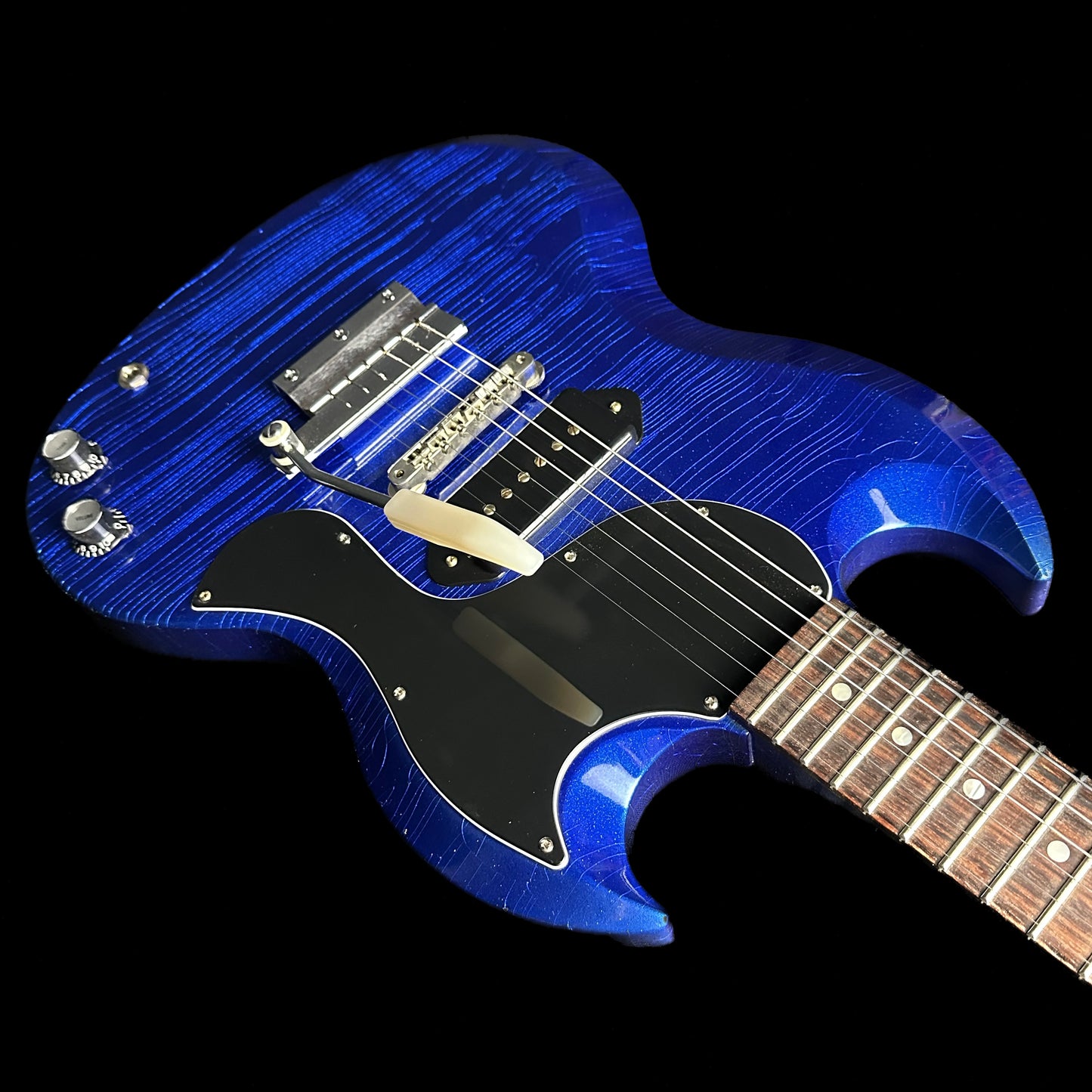 Upside down angle of Gibson Custom Shop M2M 63 SG Junior Blue Sparkle w/Stinger Short Maestro Murphy Lab Ultra Light Aged.