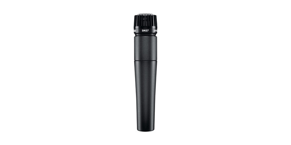 Full frontal of Shure SM57-LC Microphone with white background.