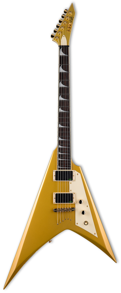 Full frontal of ESP LTD KH-V Kirk Hammett Signature Electric Guitar Metallic Gold.