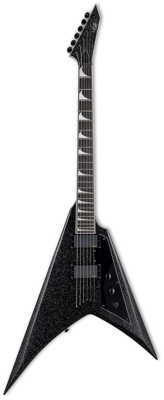 Full frontal of ESP LTD KH-V Kirk Hammett Signature Electric Guitar Black Sparkle.